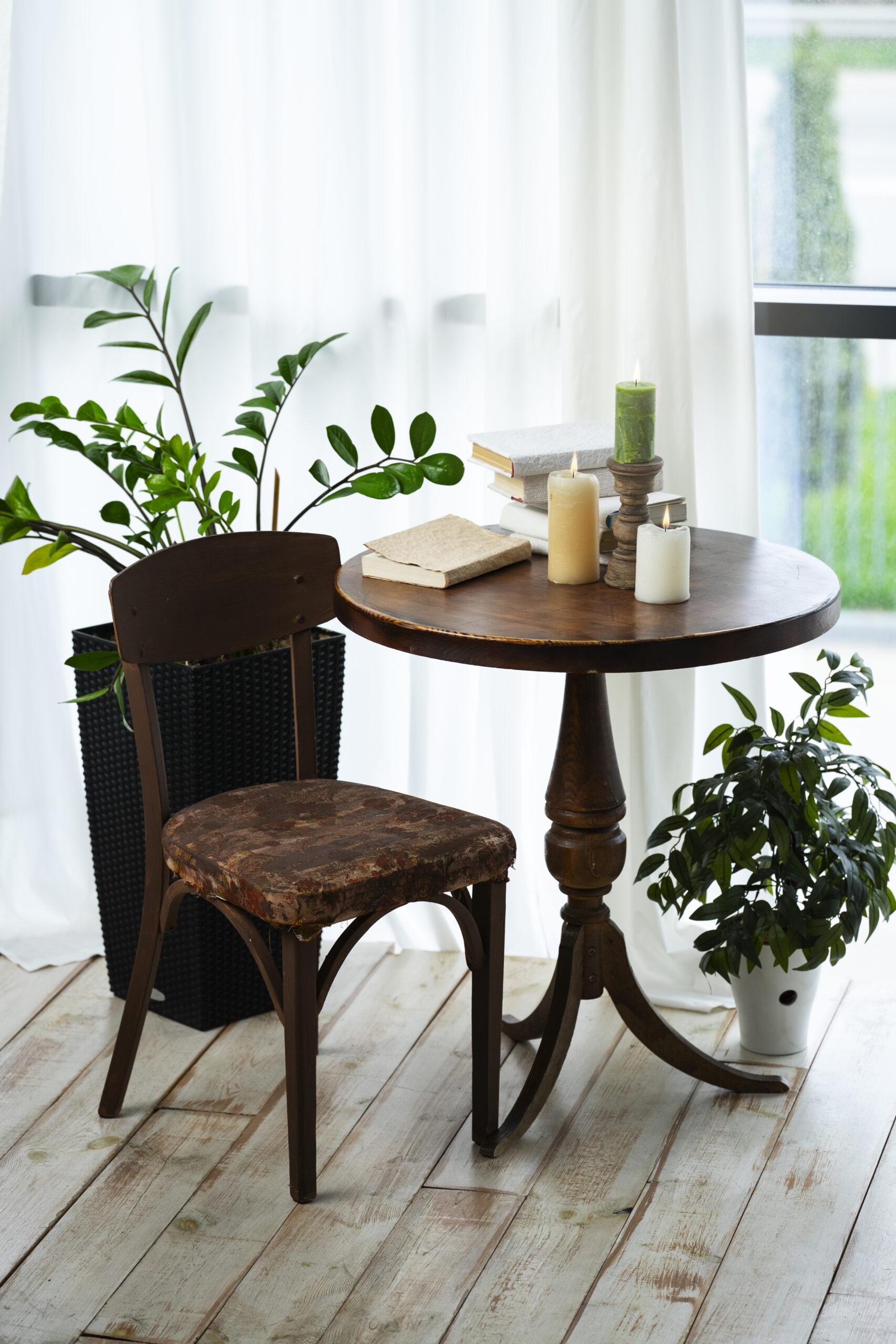 room-decor-with-potted-plants-candles-wooden-table